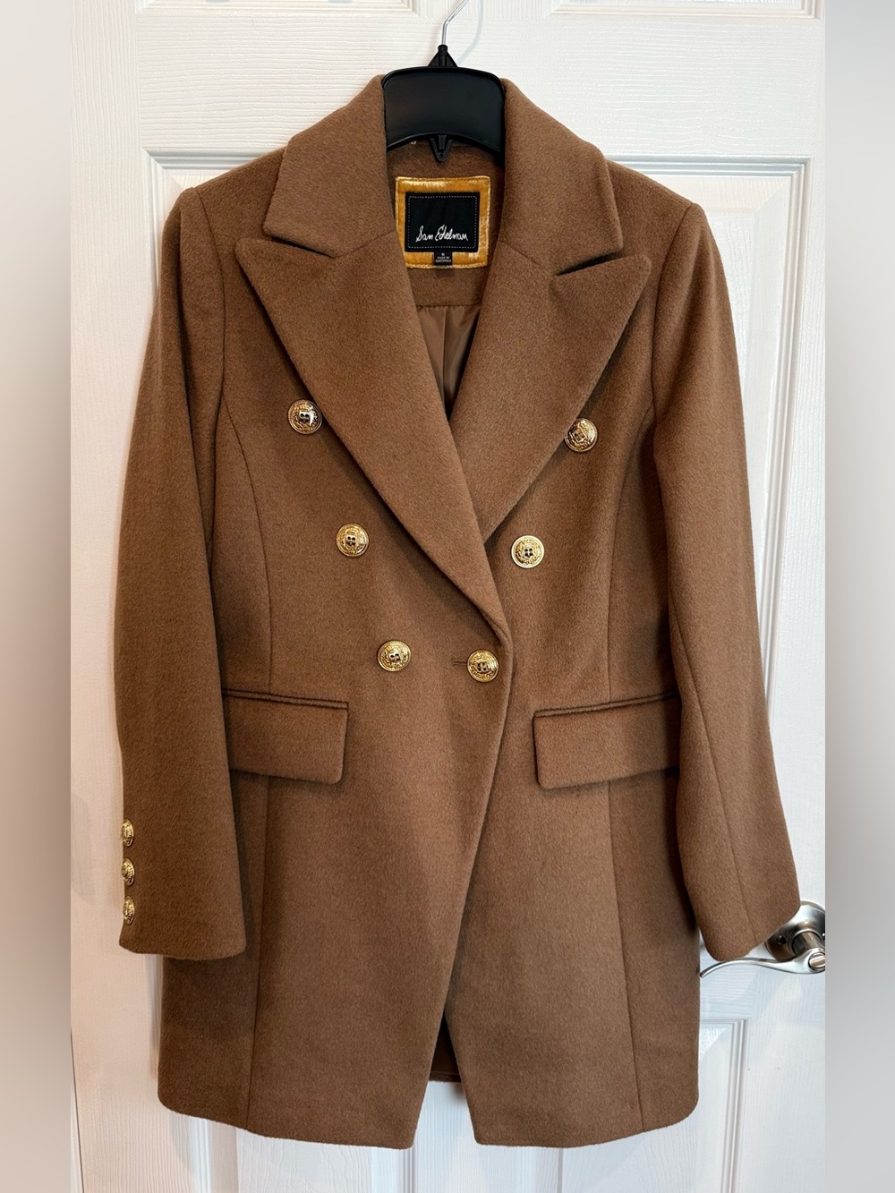 Sam Edelman Double-Breasted Camel Brown Wool Pea Coat with Gold Buttons